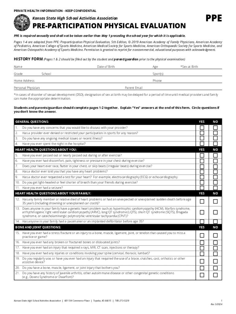 Kansas Pre-Participation Physical Evaluation Form - Blank Fillable ...