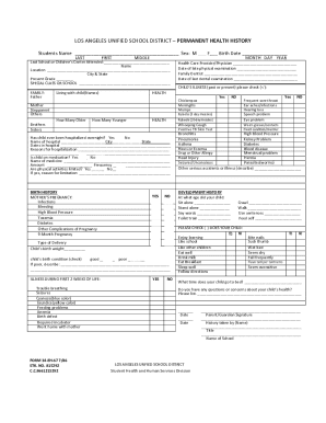 Los Angeles Unified School District Health History Form