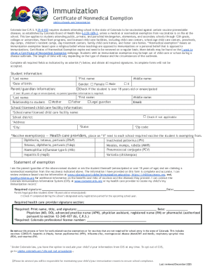 Colorado Nonmedical Exemption Immunization Certificate