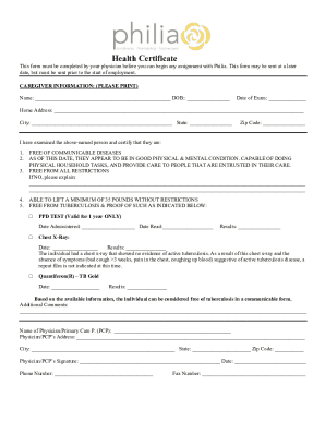 Health Certificate for Caregiver Employment