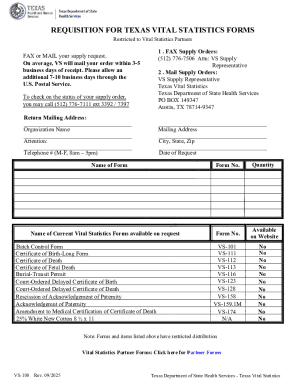 Texas Vital Statistics Forms Requisition