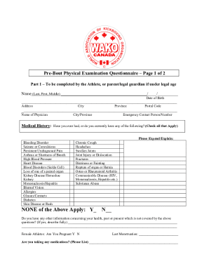 Pre-Bout Physical Examination Questionnaire