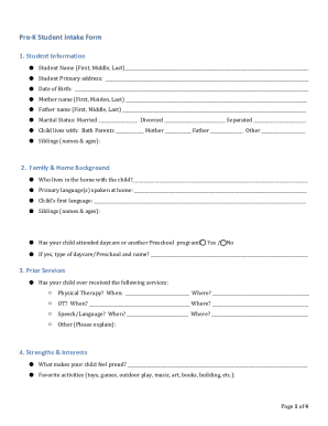 Pre-K Student Intake Form - Blank Fillable Template | Fill Out, Print ...