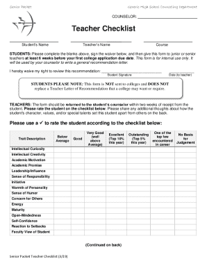 Senior Packet Teacher Checklist