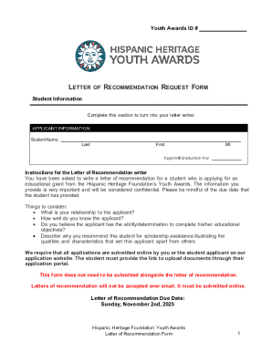 Hispanic Heritage Foundation Youth Awards Letter of Recommendation Form