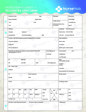 Nurse Brain Sheet — Telemetry Unit SBAR
