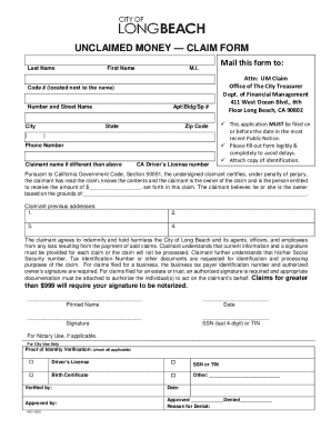 California Unclaimed Money Claim Form