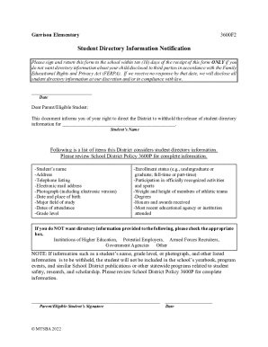Student Directory Information Notification Form