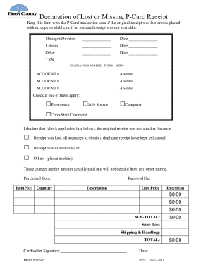 Declaration of Lost or Missing P-Card Receipt