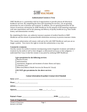 SIHF Healthcare Consent to Treat Form