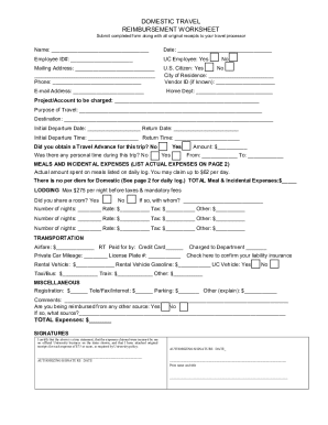 Domestic Travel Reimbursement Worksheet