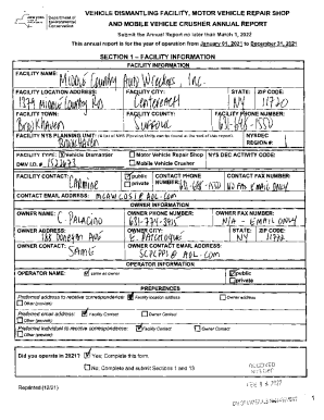 New York Vehicle Dismantling Facility Annual Report