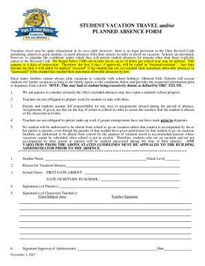 Student Vacation Travel Absence Form