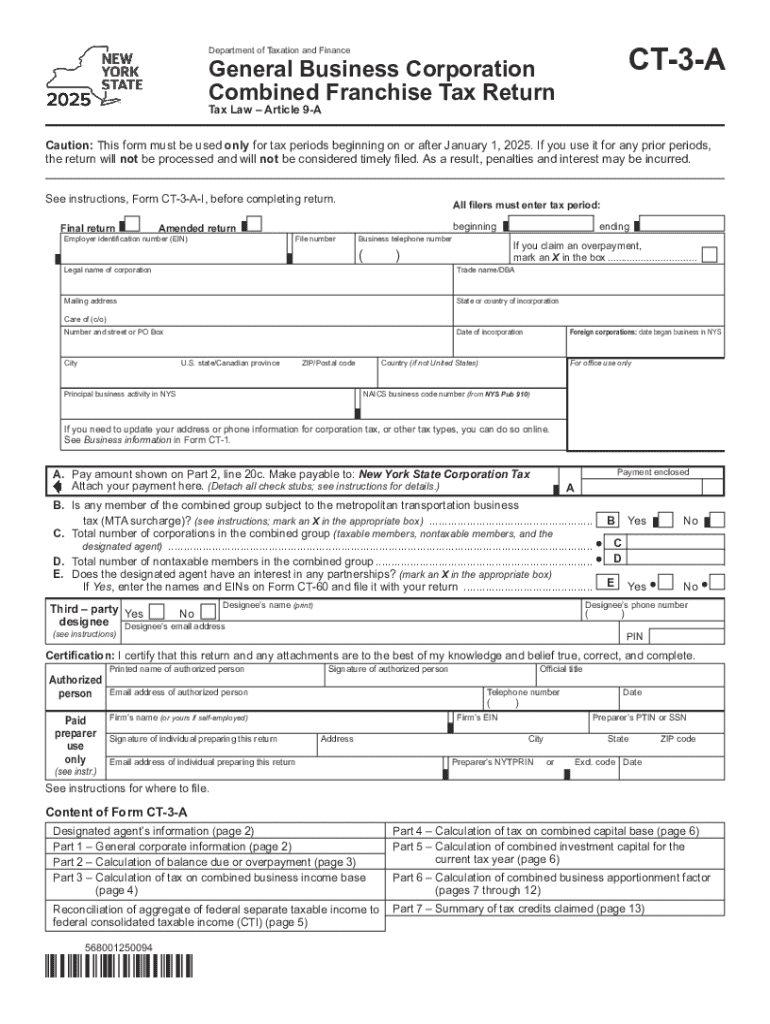 New York State CT-3-A Combined Franchise Tax Return Preview on Page 1