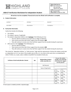 2026-27 Verification Worksheet for Independent Student