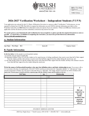2026-2027 Verification Worksheet – Independent Students