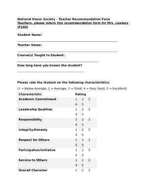 National Honor Society Teacher Recommendation Form