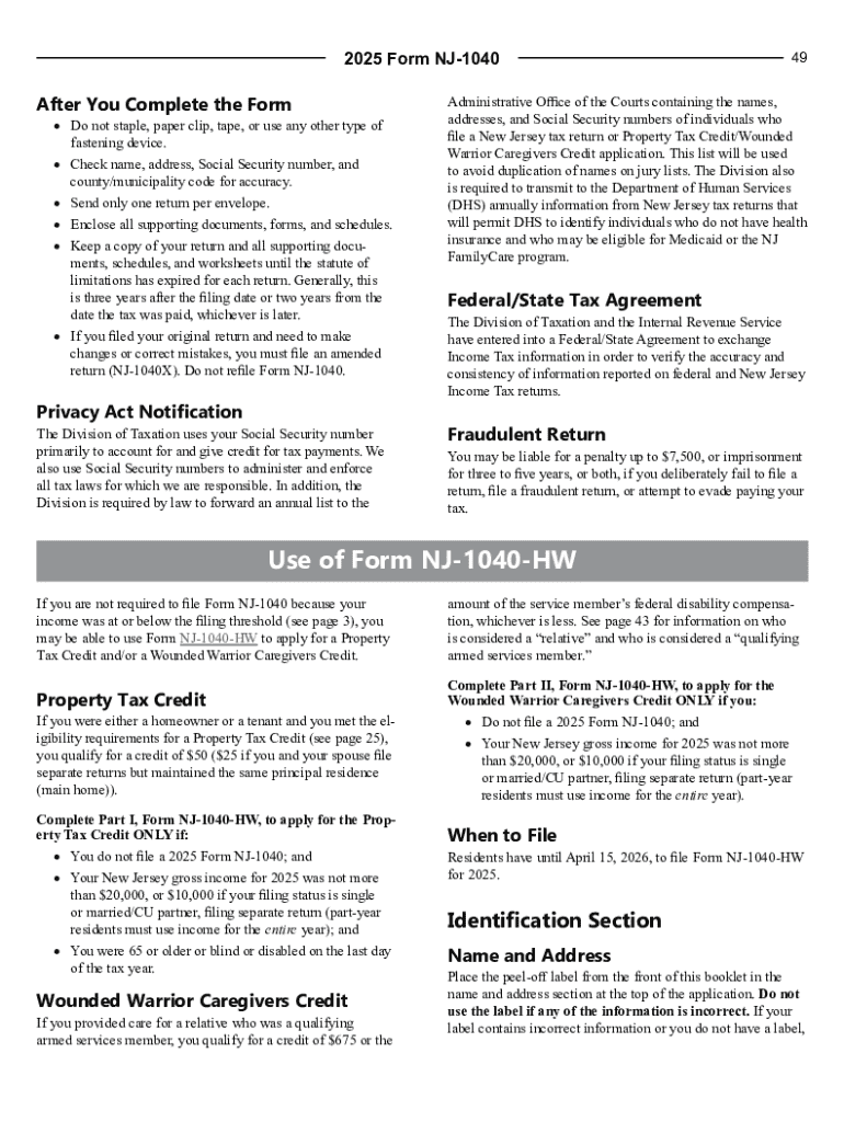 2025 New Jersey Property Tax Credit Form NJ-1040-HW Preview on Page 1