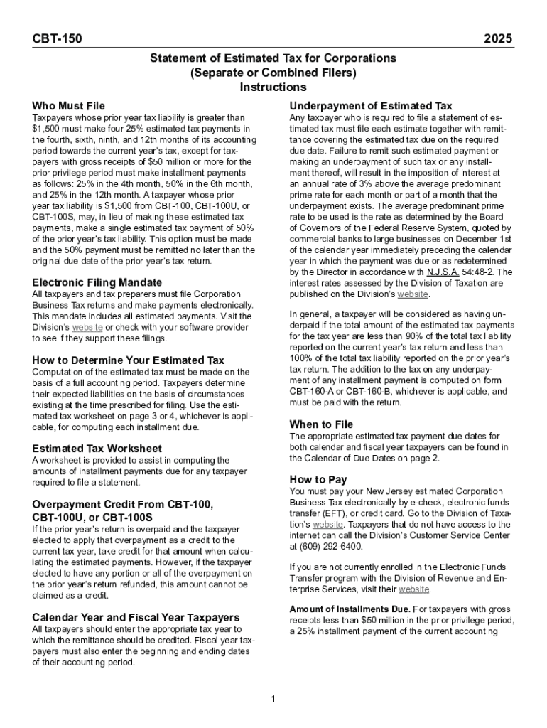 New Jersey CBT-150 Corporate Estimated Tax Form Preview on Page 1