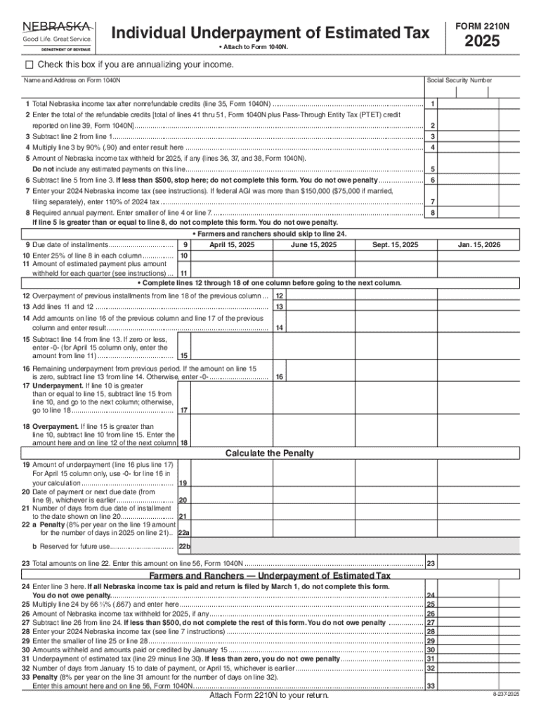 Nebraska Underpayment of Estimated Tax Form 2210N Preview on Page 1