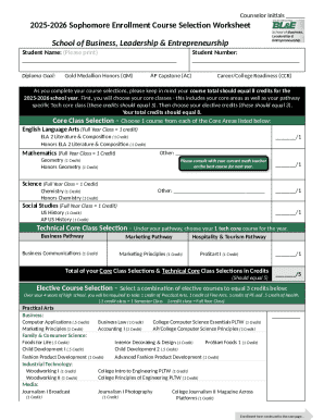 2025-2026 Sophomore Enrollment Course Selection Worksheet