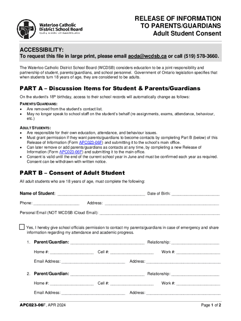 Adult Student Consent Release of Information Form - Blank Fillable ...