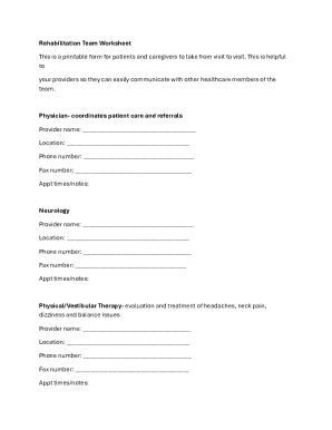 Rehabilitation Team Worksheet