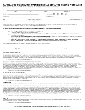 Panhellenic Membership Recruitment Acceptance Binding Agreement
