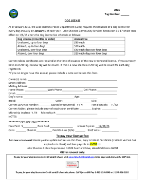 Lake Shastina Dog License Application