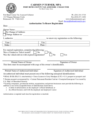 Fort Bend County Vehicle Registration Renewal Authorization
