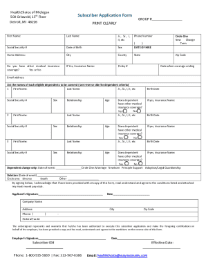 HealthChoice of Michigan Subscriber Application Form