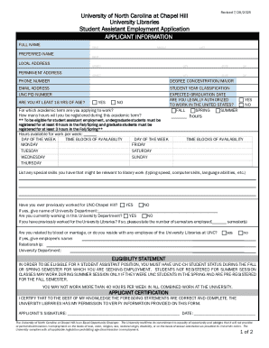 University of North Carolina Student Assistant Employment Application