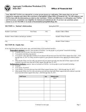 Aggregate Verification Worksheet (V5) for 2026-2027 FAFSA