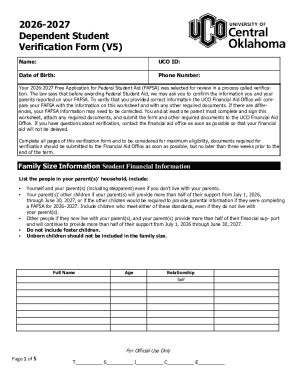 2026-2027 Dependent Student Verification Form