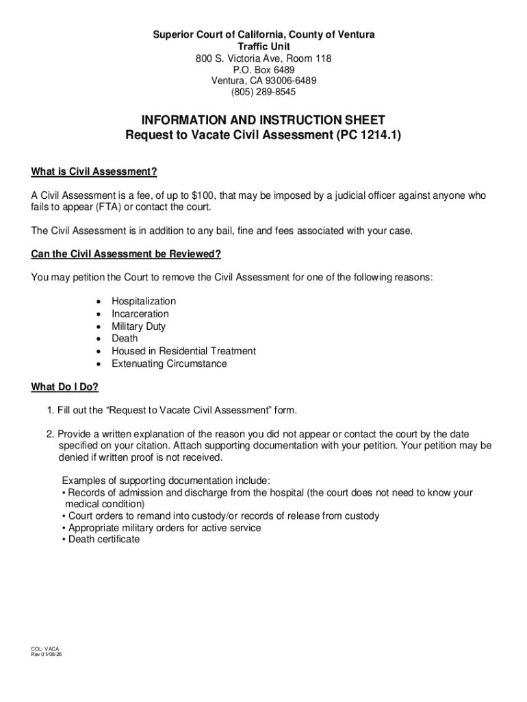 Request to Vacate Civil Assessment (PC 1214.1) - Blank Fillable ...