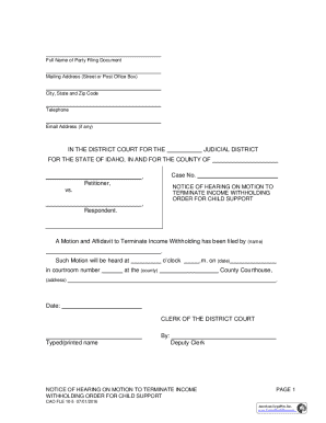 Notice of Hearing on Motion to Terminate Income Withholding Order for Child Support