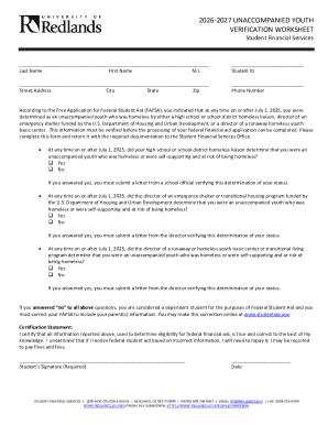 2026-2027 Unaccompanied Youth Verification Worksheet