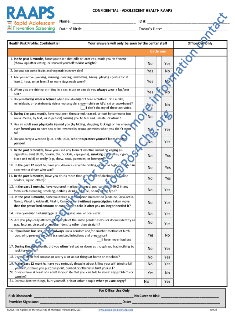 Raaops Sample Adolescent Health RAAPS Form - Blank Fillable Template | Fill Out ...