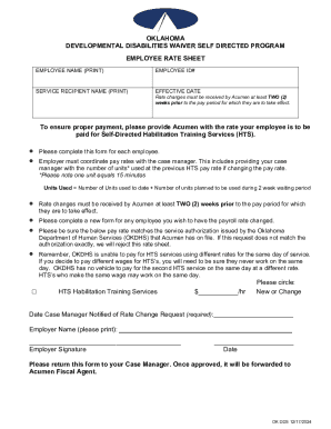 Oklahoma Developmental Disabilities Waiver Employee Rate Sheet