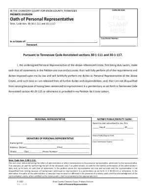 Tennessee Oath of Personal Representative