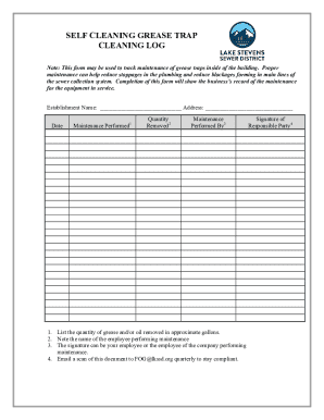 Self Cleaning Grease Trap Cleaning Log