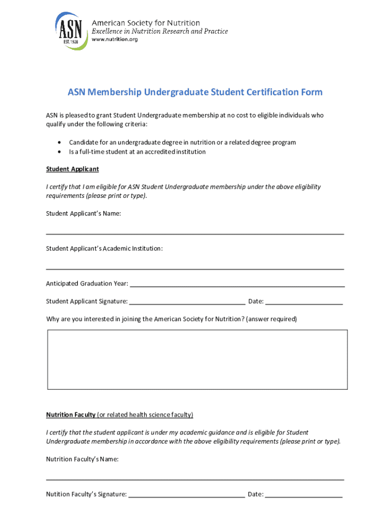 ASN Undergraduate Student Membership Form - Blank Fillable Template ...