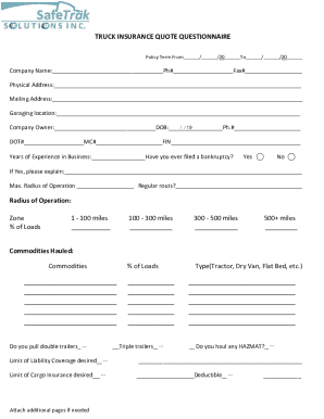 Truck Insurance Quote Questionnaire