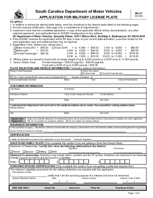 South Carolina Military License Plate Application