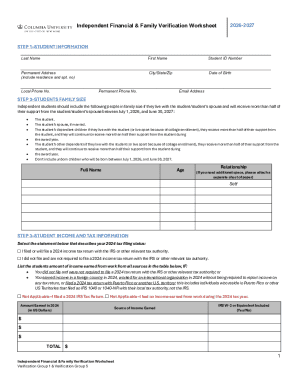 Independent Financial & Family Verification Worksheet