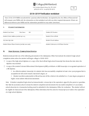 2018–2019 FAFSA Verification Worksheet