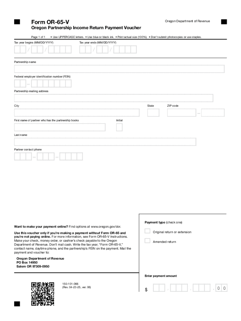 Form OR-65-V, Oregon Partnership Income Return Payment Voucher, 150-101-066 Preview on Page 1