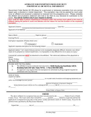 Affidavit for Exemption from Jury Duty