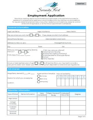 Serenity First LLC Employment Application