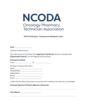 OPTA Certification Employment Attestation Letter